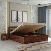 Zigzag Solid Sheesham Wood Hydraulic Bed With Box Storage (King Size, Natural Finish)